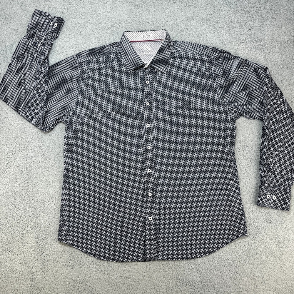 Bugatchi Uomo Shirt Mens XXL Shaped Fit Blue White Geometric All Day Casual Prep